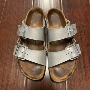 Birkenstock Arizona Birko-Flor silver metallic sandals